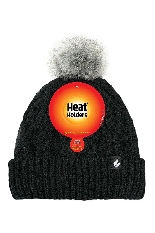 Heat Holders Women's Brina Solid Cable Knit Roll Up Hat with Pom-Pom